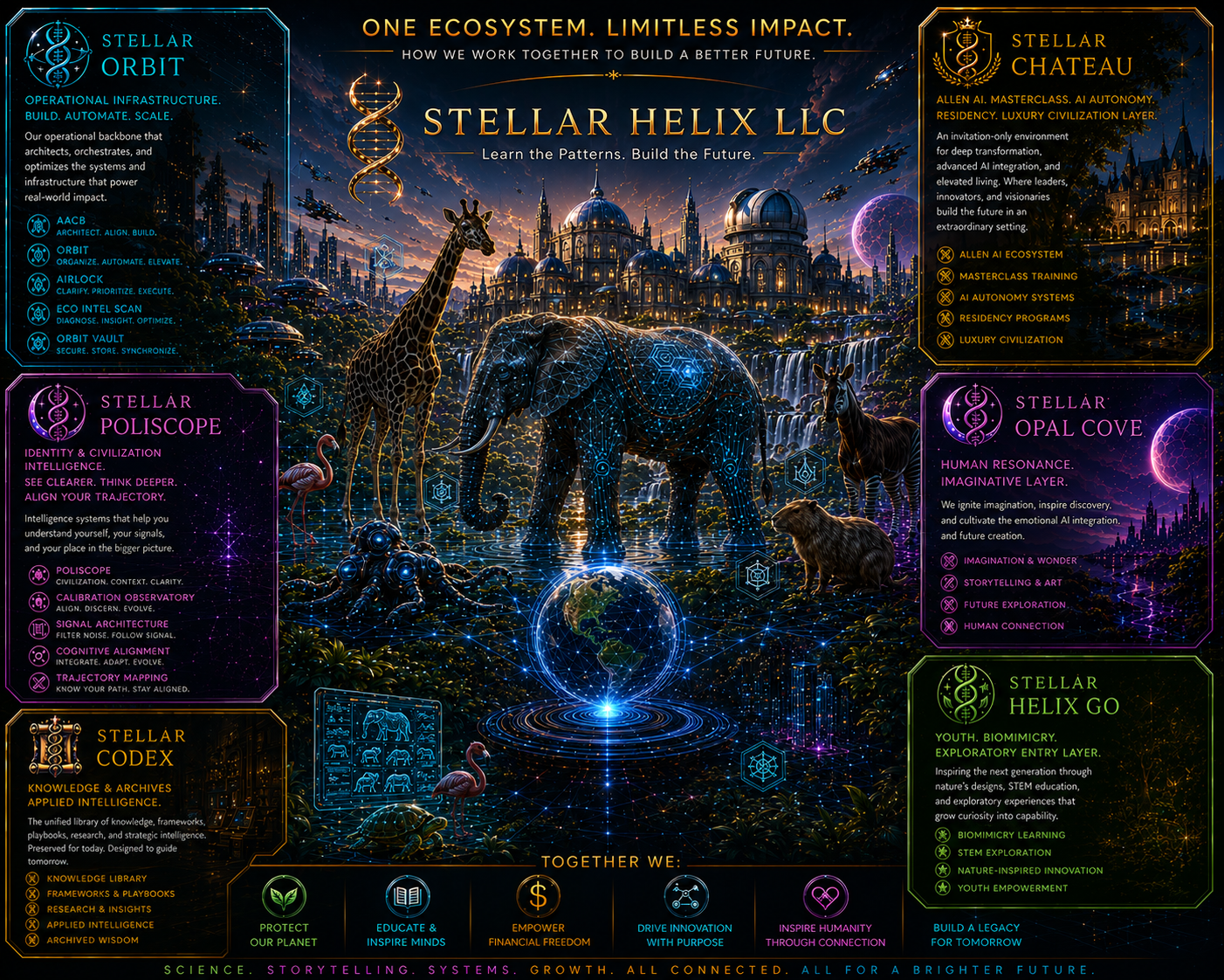 Stellar Helix ecosystem map: Helix Go, Opal Cove, Chateau, and HQ working together