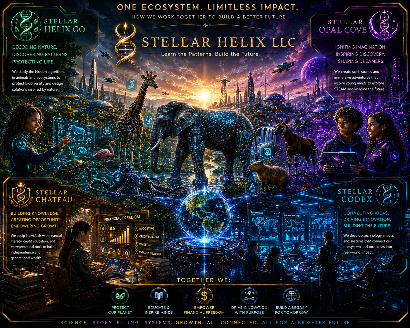 Stellar Helix ecosystem map: Helix Go, Opal Cove, Chateau, and HQ working together